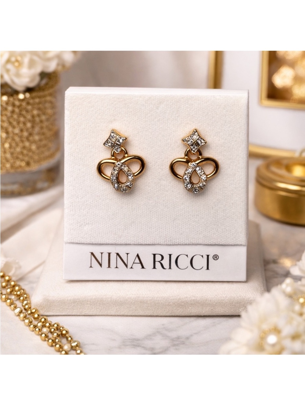 Nina Ricci 22k Gold-plated Pierced Earrings Swarovski Crystals New